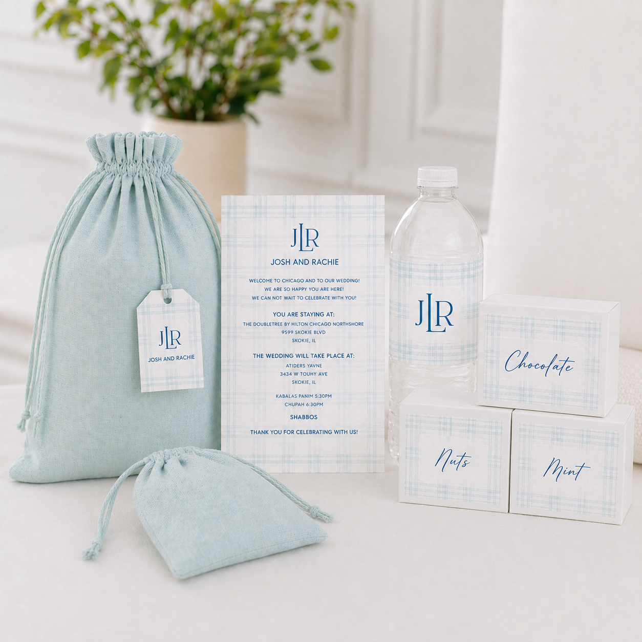 Soft Blue-Green Burlap Welcome Bag