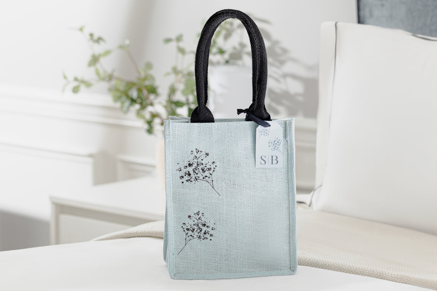 Soft Blue and Black Contrast Cherry Blossoms Tote