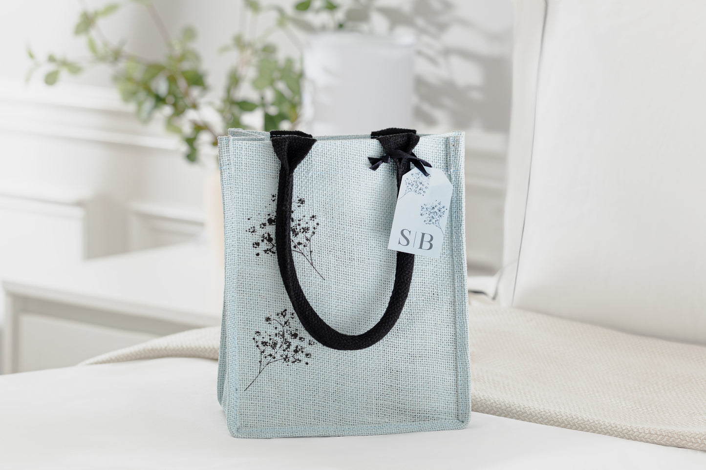 Soft Blue and Black Contrast Cherry Blossoms Tote