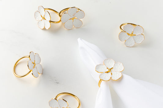 Delicate White-Gold Trimmed Flower Napkin Rings